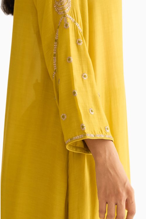 Ambily Lemon Green Silk Kurta Set