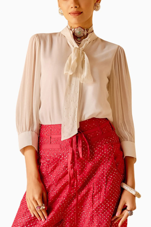 Ivory Embellished Tie Shirt