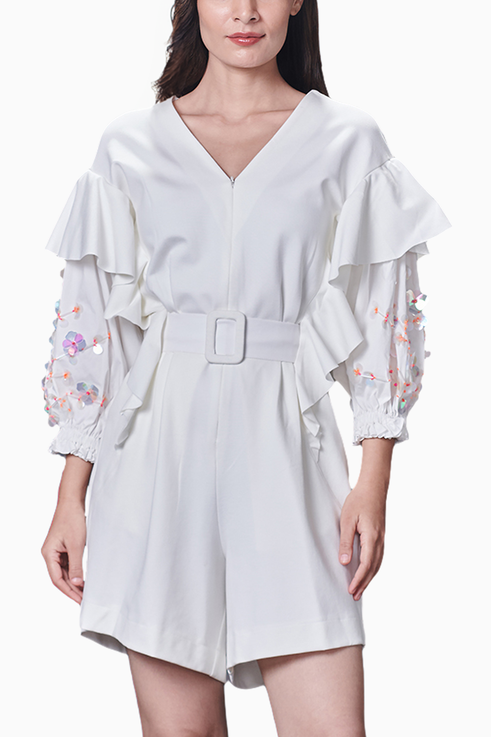 White Playsuit With Hand Embroidered Sleeve & Belt