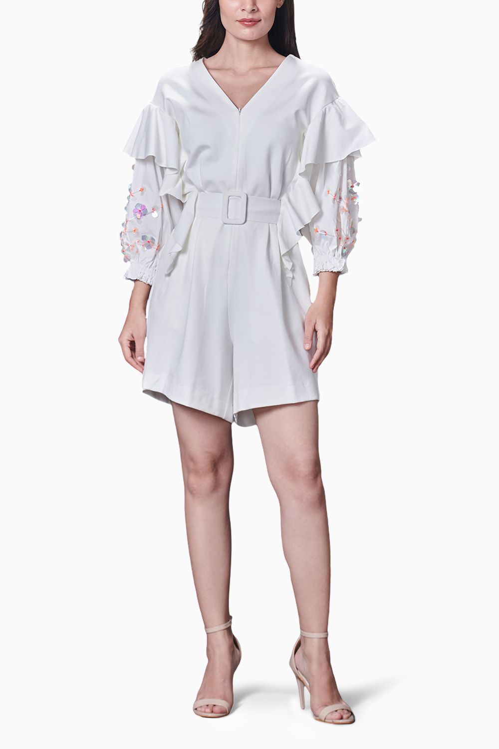 White Playsuit With Hand Embroidered Sleeve & Belt