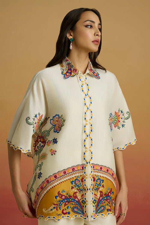 Ivory Applique Kaftans Amaryllis Shirt with Straight Pants