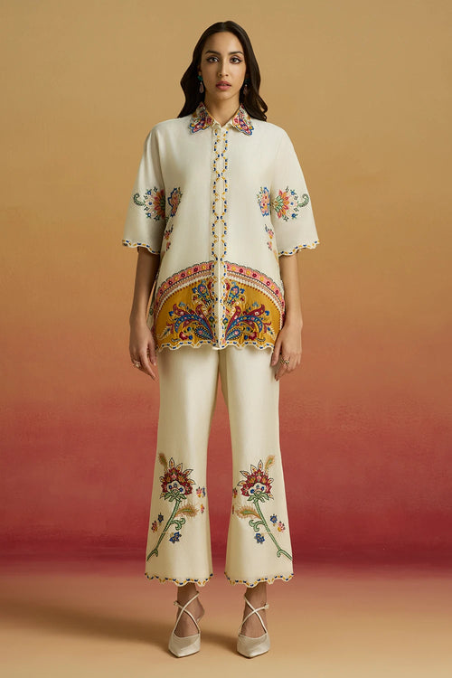 Ivory Applique Kaftans Amaryllis Shirt with Straight Pants