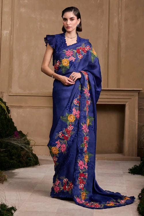 Cobalt Blue Floral Saree With Ruffled Top