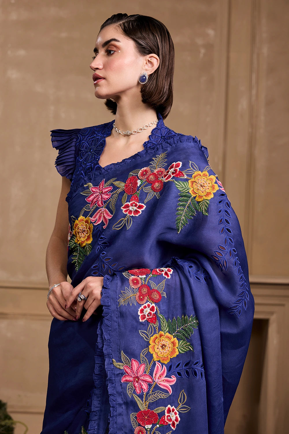 Cobalt Blue Floral Saree With Ruffled Top