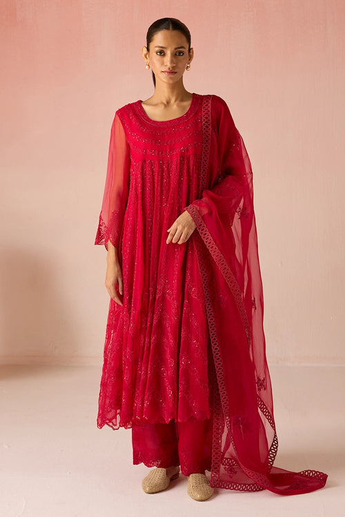 Red Bahaara Organza Anarkali Kurta Set