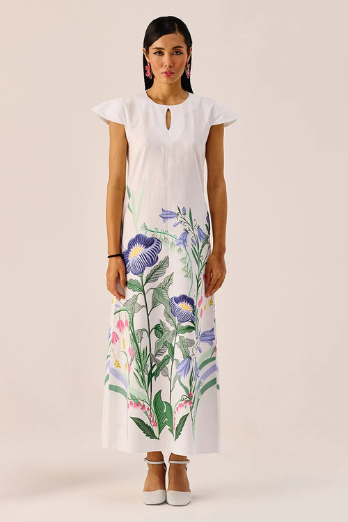 White Floral Flutter-Sleeve Maxi Dress