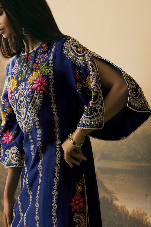 Cobalt Blue Multicoloured Floral Kurta With Pants