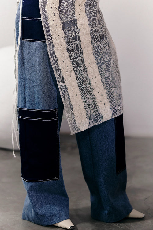 Distressed Denim Trousers With Contrast Patch Pockets
