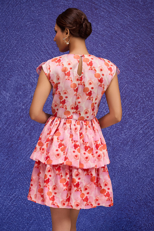 Red Aquarelle Print Ruffle Dress