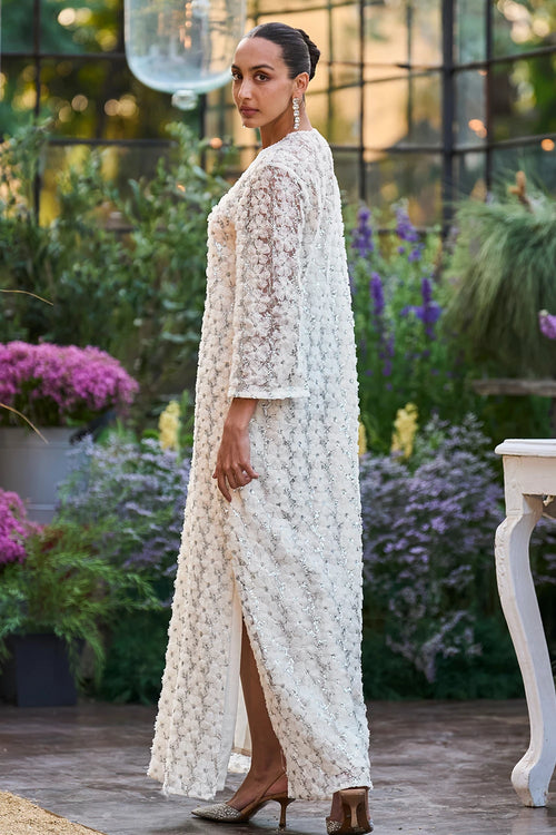 Floral Ribbon And Sequin Embroidered Kaftan Dress