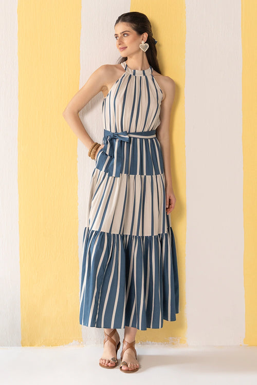 Blue And Beige Striped Maxi Dress