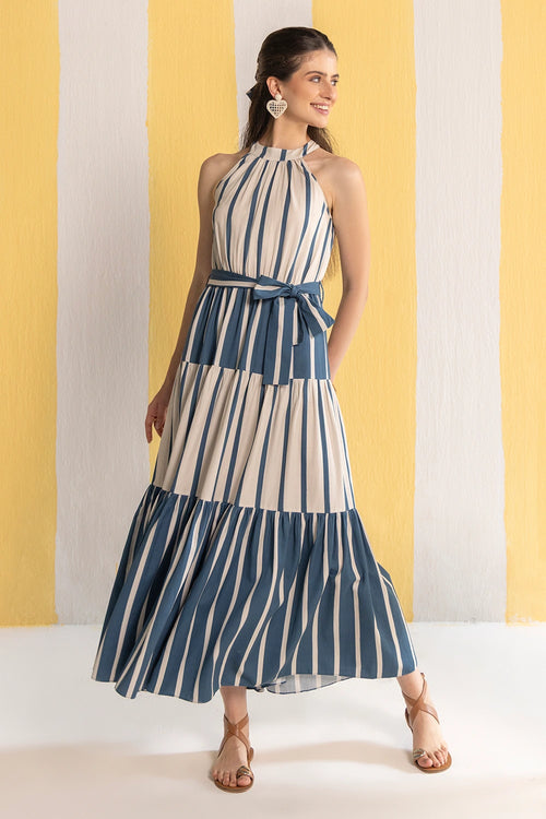 Blue And Beige Striped Maxi Dress