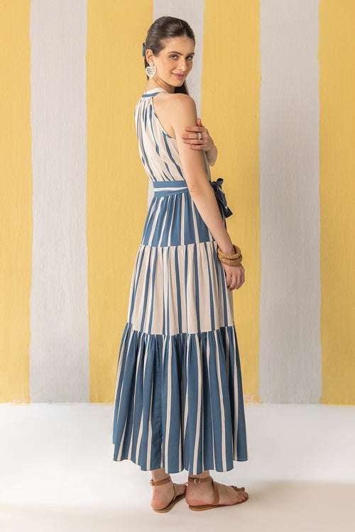 Blue And Beige Striped Maxi Dress