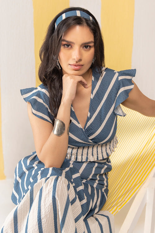 Blue And Beige Striped Skirt Set
