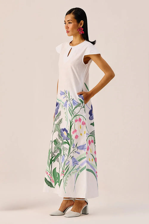 White Floral Flutter-Sleeve Maxi Dress
