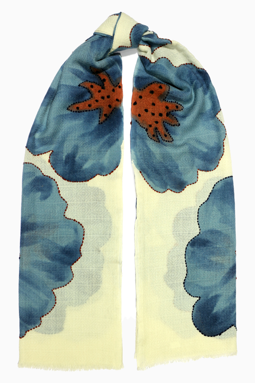 White Blue Floral Wool Scarf