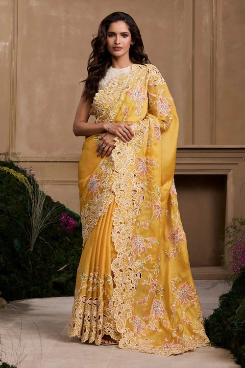 Yellow Contrast Cutwork Embroidered Saree With 3D Rose Applique Top
