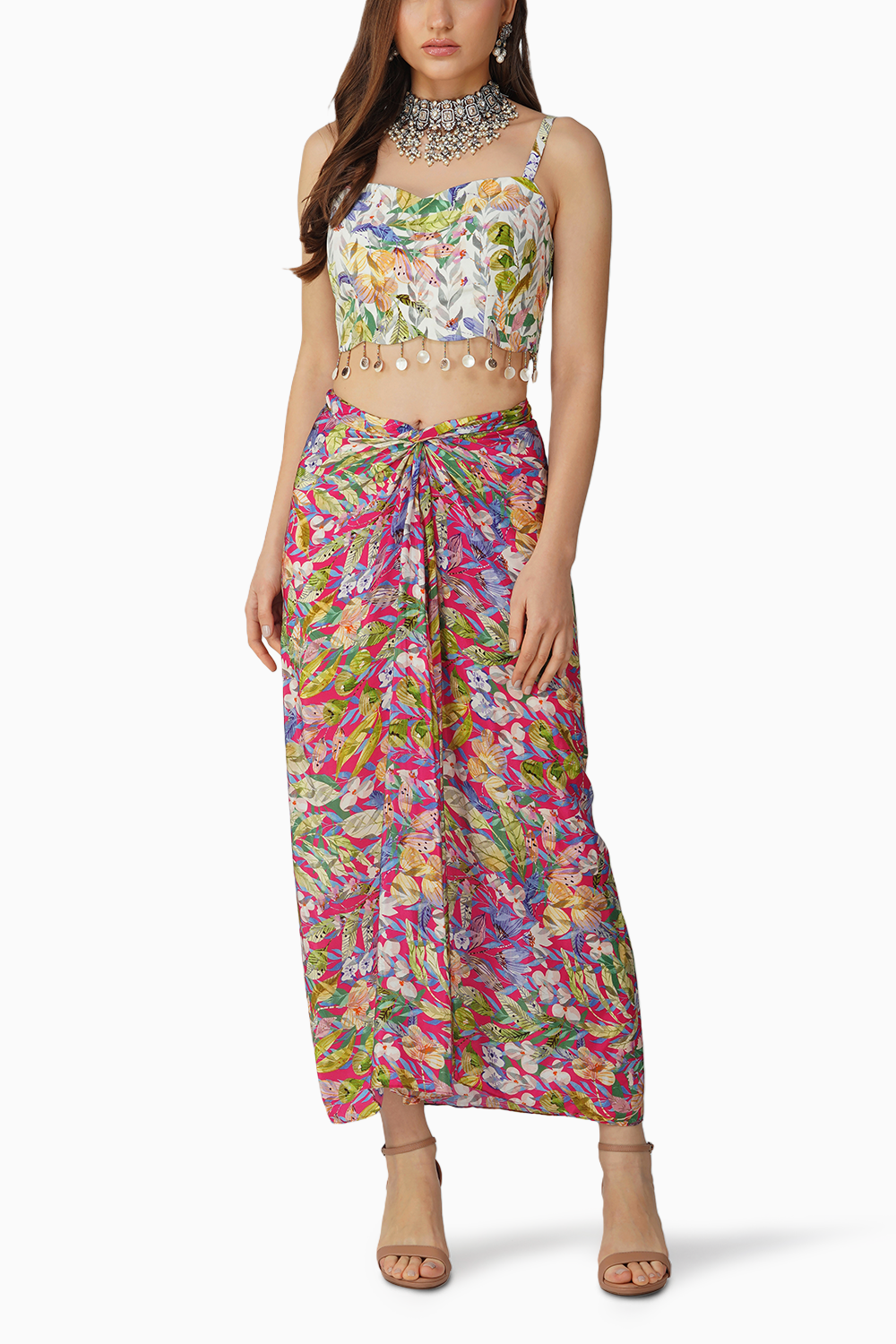 Multi Leaf Print Drape Skirt Set