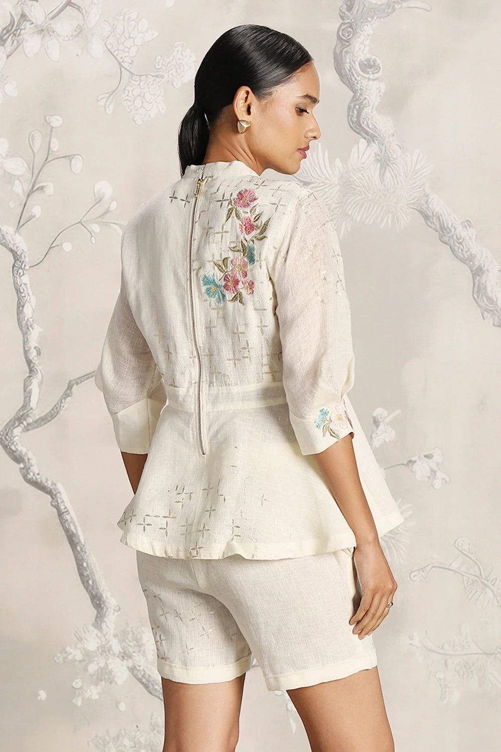Corsage Peplum Off White Top and Shorts Set
