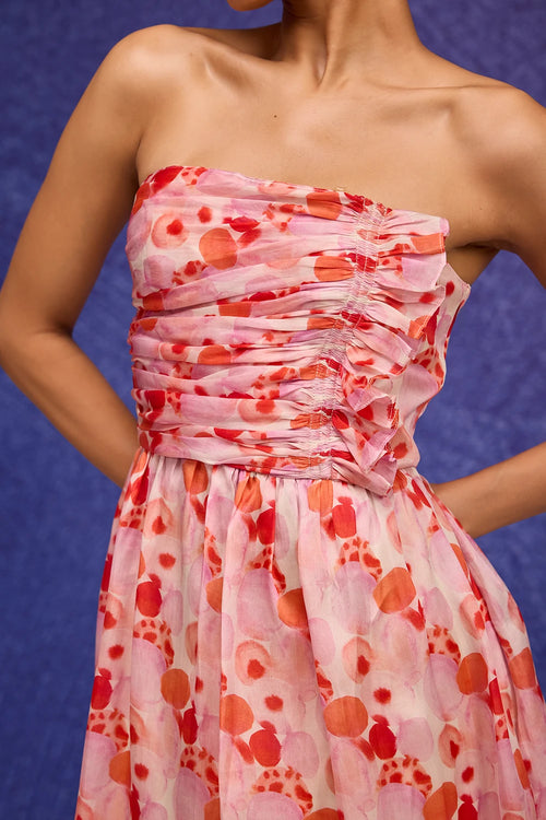 Red Aquarelle Print Gathered Tube Dress