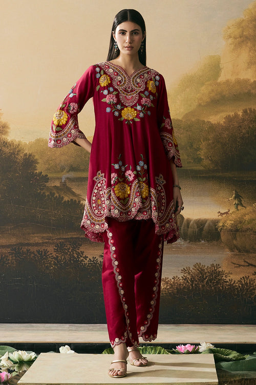 Cherry Red Flared Short Kurta With Tulip Pants
