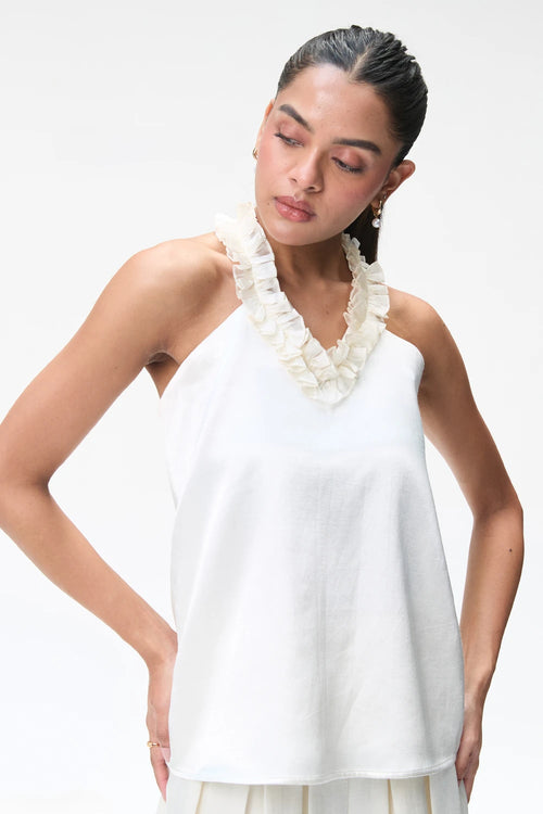 Ivory Halter Neck Top With Ruffle Detail