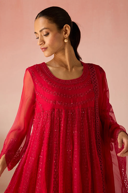 Red Bahaara Organza Anarkali Kurta Set