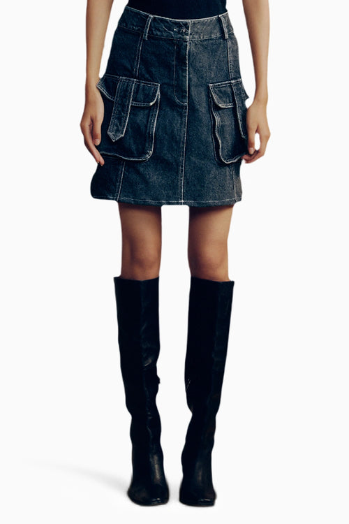 Washed Denim Cargo Skirt