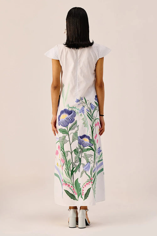 White Floral Flutter-Sleeve Maxi Dress