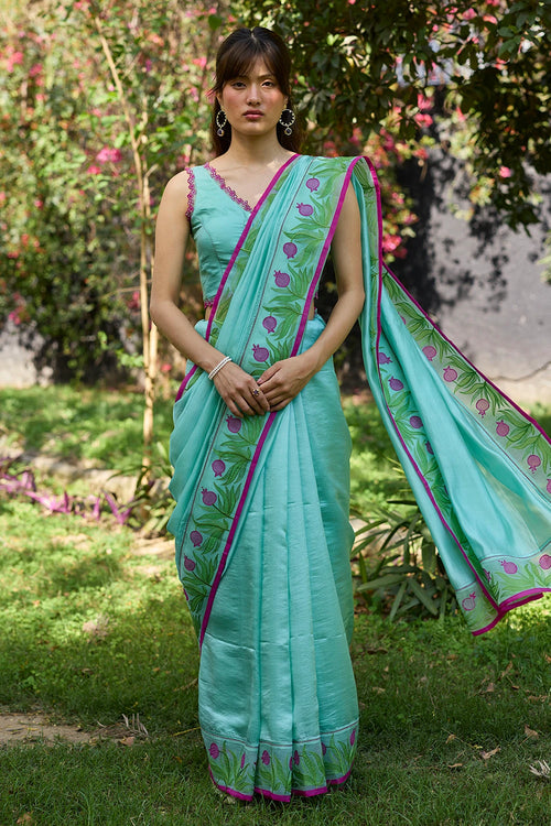 Pomegranate Trail Blue Embroidered Saree With Blouse