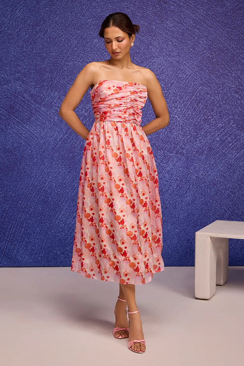 Red Aquarelle Print Gathered Tube Dress