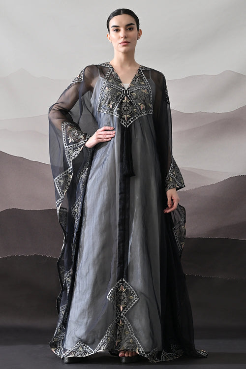 Black Kaftan Featuring Geometric Handwork Embroidery