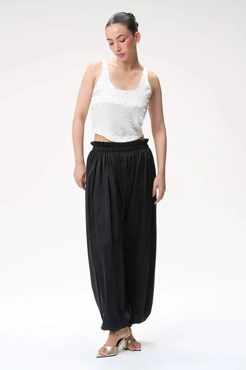 Ivory Embellished Corset Top with Black Silk Balloon Pants