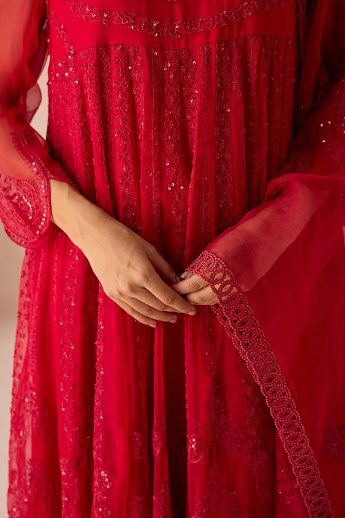 Red Bahaara Organza Anarkali Kurta Set