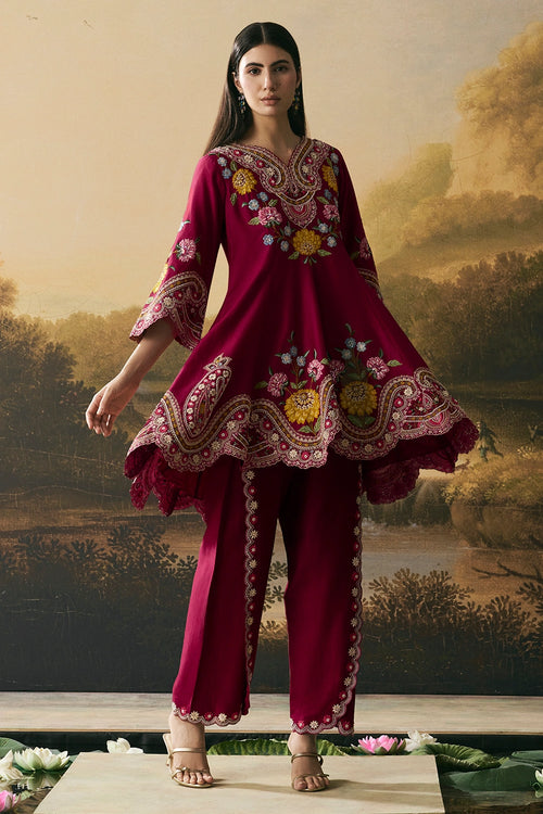 Cherry Red Flared Short Kurta With Tulip Pants