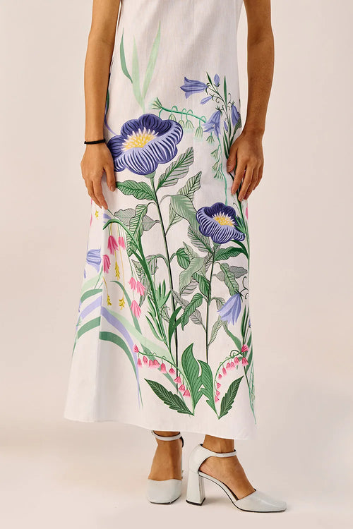 White Floral Flutter-Sleeve Maxi Dress