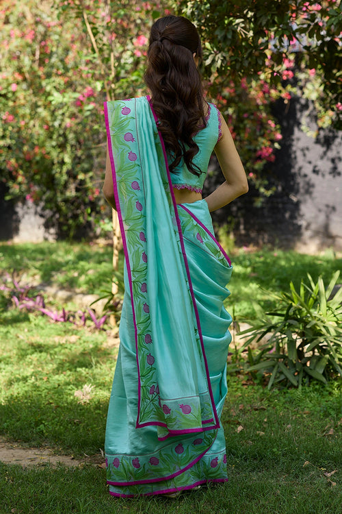 Pomegranate Trail Blue Embroidered Saree With Blouse