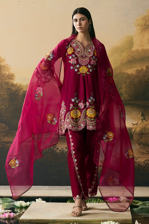 Cherry Red Contrast Cordwork Flared Short Kurta Set