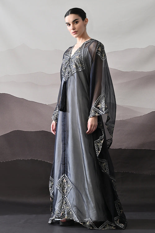 Black Kaftan Featuring Geometric Handwork Embroidery