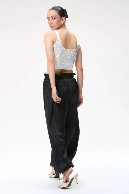 Ivory Embellished Corset Top with Black Silk Balloon Pants