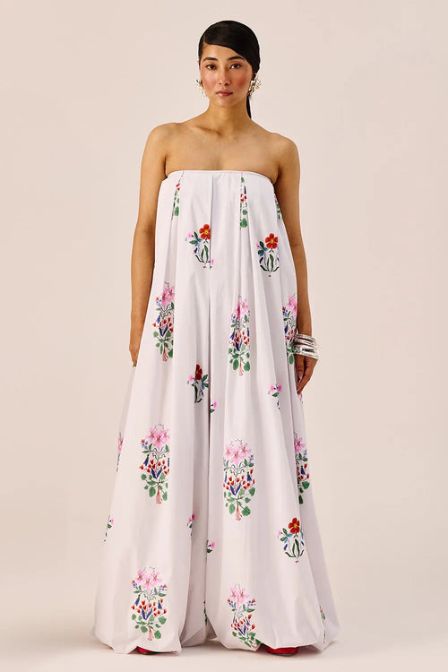 White Floral Wide Leg Strapless Jumpsuit