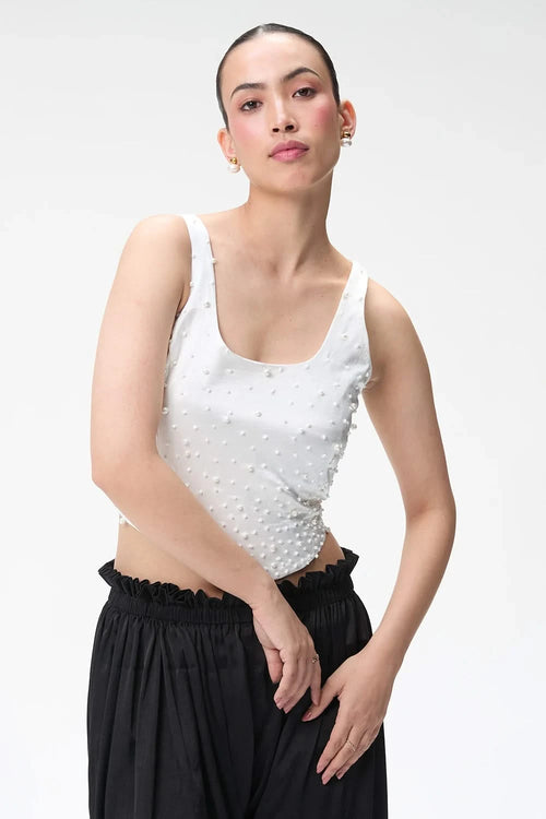Ivory Embellished Corset Top with Black Silk Balloon Pants