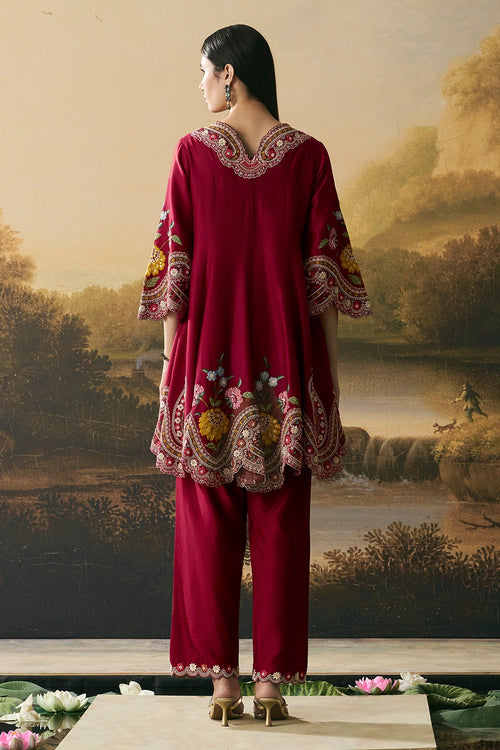 Cherry Red Flared Short Kurta With Tulip Pants