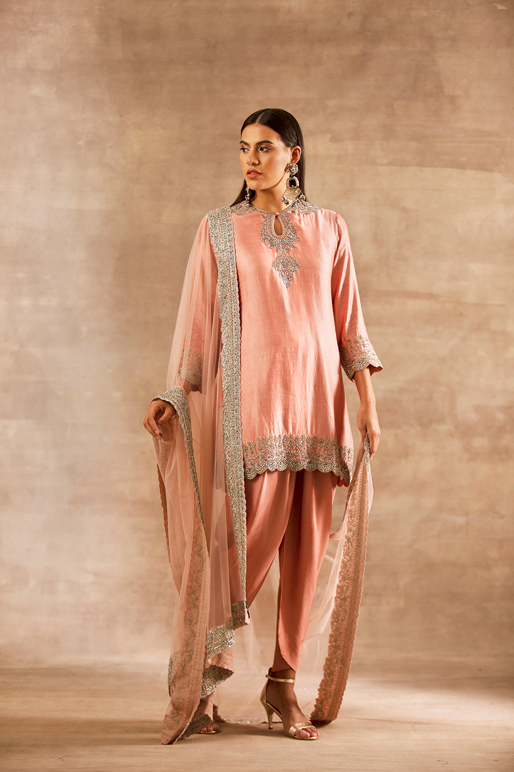 Peach Embroidered Tunic and Dhoti Pants with Dupatta