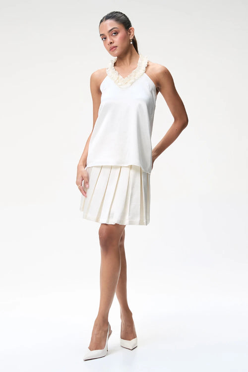 Ivory Halter Neck Top With Ruffle Detail