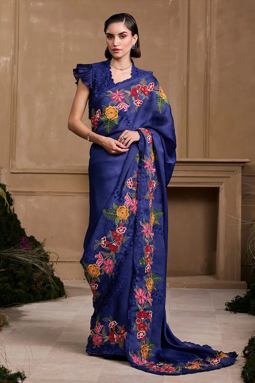 Cobalt Blue Floral Embroidered Saree