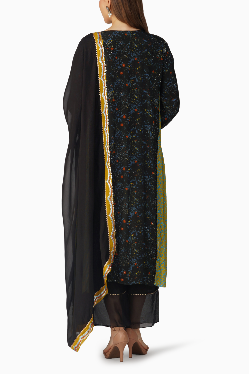 Small Leaf Print Panelled Kurta Set