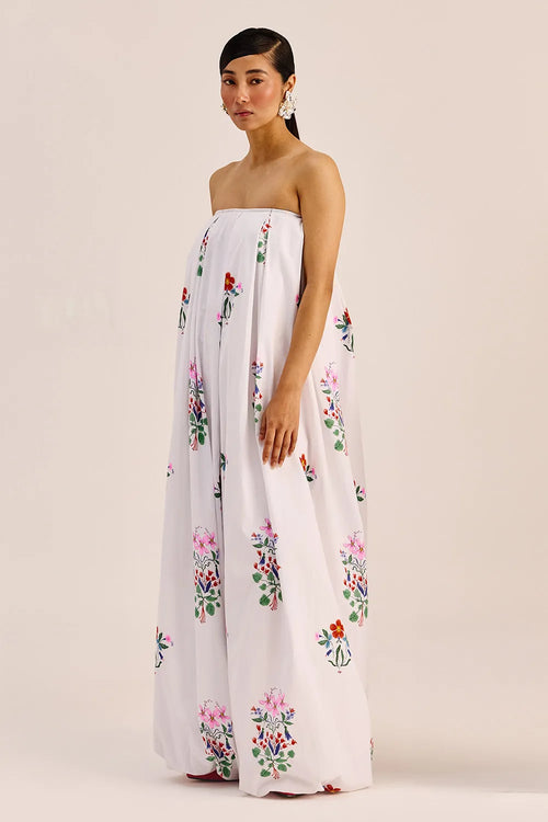 White Floral Wide Leg Strapless Jumpsuit