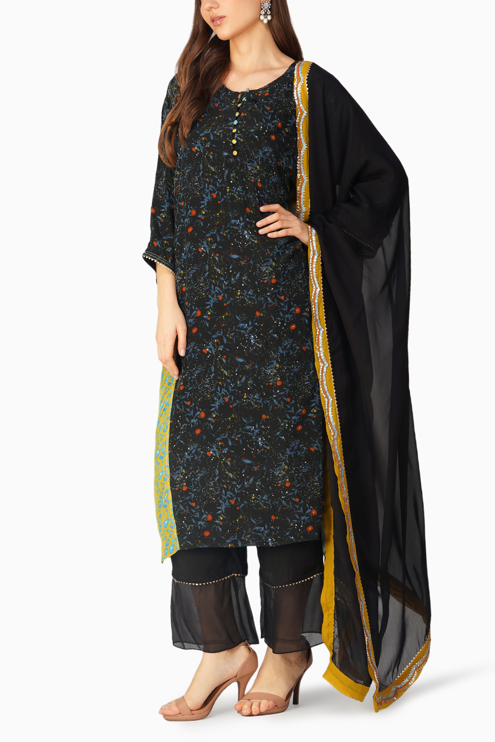 Small Leaf Print Panelled Kurta Set