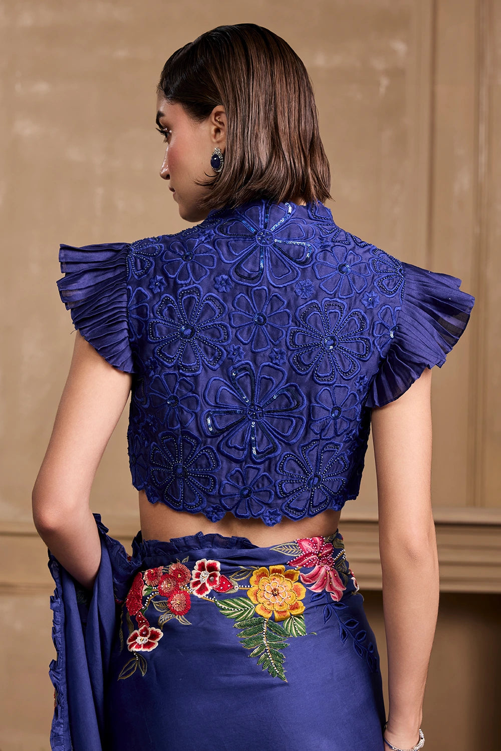 Cobalt Blue Floral Saree With Ruffled Top